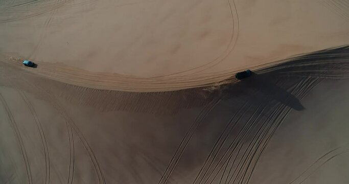 Aerial drone view in Dubai Desert Safari in deep Desert, Sand bashing in Arabian desert