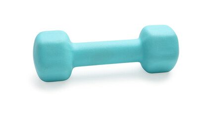 One turquoise colored rubber dumbbell isolated over white background
