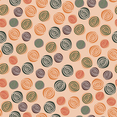 Random spirals seamless pattern. Hand drawn vector wallpaper. Artistic backdrop. Retro vintage style. Circle shape. Line drawing.