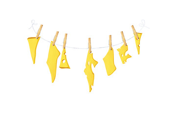 Bright colorful sliced ​​pieces of cheese hanging on a rope. Clip art set on white background