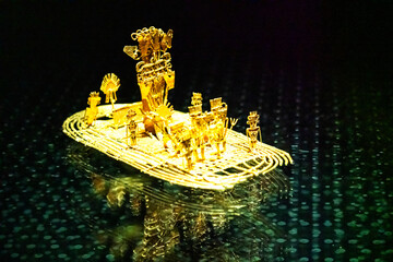 BOGOTA, COLOMBIA - NOV 18, 2019: Gold artifacts on display in the Museo del Oro (Gold Museum).