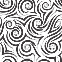 Vector black seamless pattern of spirals and curls for decoration and printing on fabric on a white background. Texture of swirl or sea waves for wrapping paper and clothes.