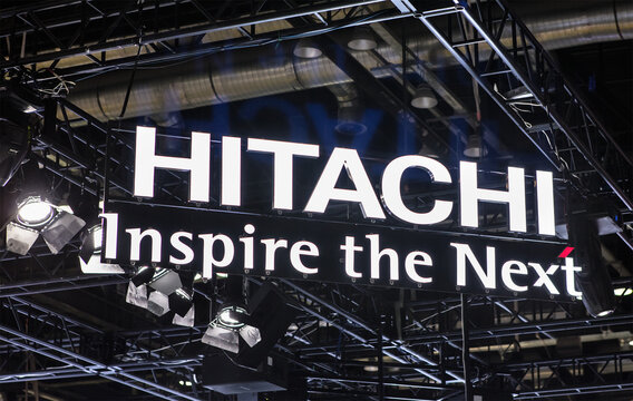 BEIJING, CHINA-APRIL 14, 2017: HITACHI sign; Hitachi, Ltd., a Japanese company founded in 1910, operates eleven business segments and serves worldwide.