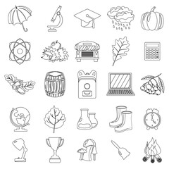 Autumn, school icon set. Outline, line, thin style. White background. Vector illustration.