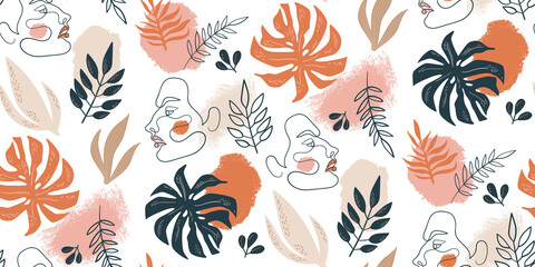 Fototapeta na wymiar Seamless vector pattern. Illustration with big colorful shapes, leaves, girl`s faces. Cute trendy design for fabric or wallpaper.
