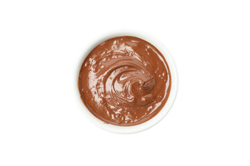 Bowl with melted chocolate isolated on white background