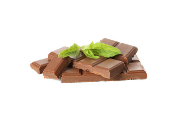 Tasty chocolate and mint isolated on white background