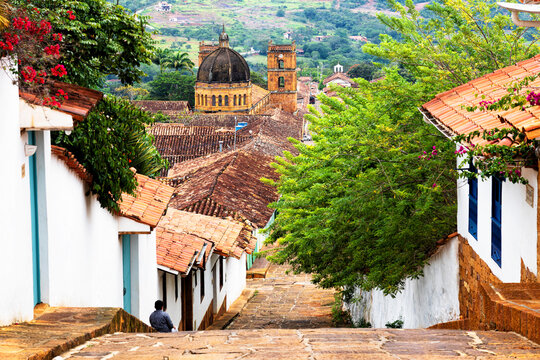 View of picturesque and idyllic town of Barichara in Santander province, Colombia. Barichara is a popular tourist destination and a weekend gateway. Selective focus