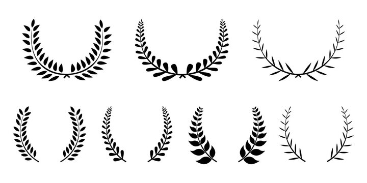 Set of seven black silhouette circular laurel foliate, wheat and oak wreaths depicting an award, achievement, heraldry, nobility emblem floral greek branch in flat style on white background