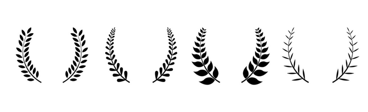 Set of four black silhouette circular laurel foliate, wheat and oak wreaths depicting an award, achievement, heraldry, nobility emblem floral greek branch in flat style on white background