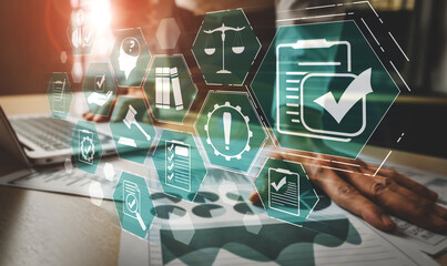 Compliance rule law and regulation graphic interface for business quality policy planning to meet...