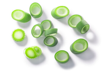 Green leek cut into rings isolated  w clipping paths, top view