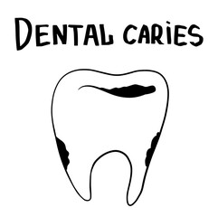 Doodle tooth with dental caries. Hand drawn tooth with caries. Doodle stomatology icon. Vector illustration on white background. For cards, posters, stickers and professional design. 