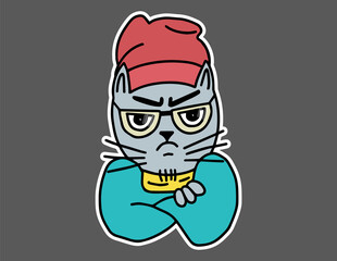 Angry Cat hipster. Cat with glasses, clothes, hat, scarf, and sweater. Flat style sticker for t-shirt, sweatshirt, banner, poster, postcard.
