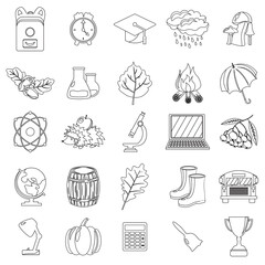 Autumn, school icon set. Outline, line, thin style. White background. Vector illustration.