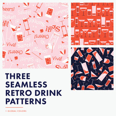 Three retro inspired seamless repeating patterns with global color for easy editing