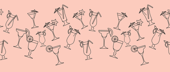 Seamless pattern with cocktails on a pink background. Summer party border, for printing, Wallpaper.