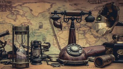 Obraz na płótnie Canvas Antique Telephone And Hourglass