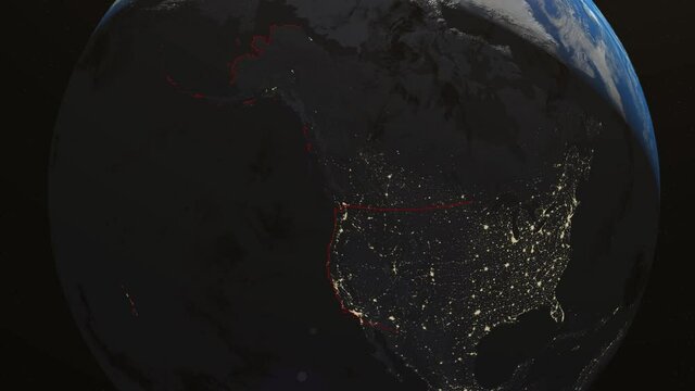 Seamless Looping 3d animated earth showing the boarders of the USA and the state South Carolina at night in 4K resolution