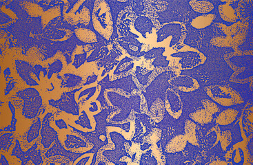 Distressed overlay texture of golden blue violet fabric. Textile with eastern floral ornament, leaves and flowers. grunge background.