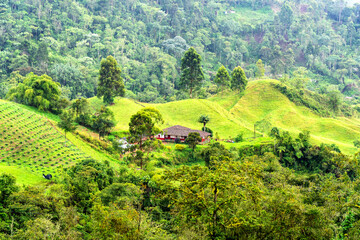 Farmhouse lodge in the rural mountainous part of Colombia located among rolling hills and coffee plantations.