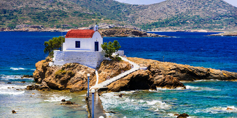 Greece travel. Leros island in Dodecanese - Agios Isidoros church .The little chapel in the sea.