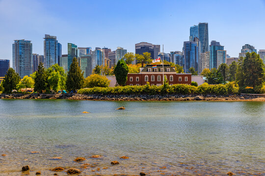 HMCS Discovery naval station museum on Deadman&rsquo;s Island with rainbow flag for Gay Pride in Vancouver Canada