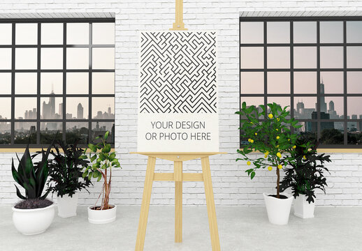 Vertical Poster Easel Stand Mockup with Contemporary Interior