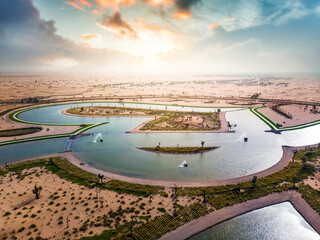 Heart shape Love lakes in Dubai desert in the UAE aerial view