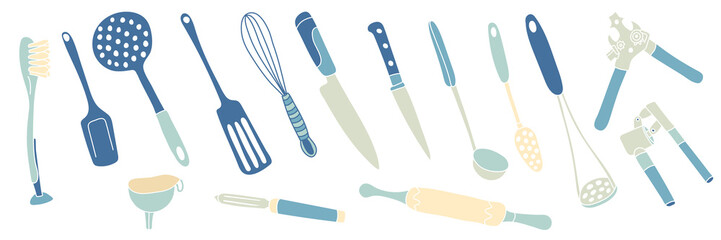 Vector set with cooking tools. Rolling pin, spatula, whisk, can-opener, garlic press, ladle, piller, slotted spoon, funnel, knives. Illustration isolated on white background.
