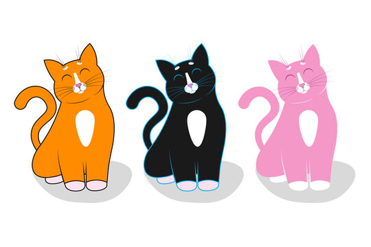 Three cute cartoon red, black and pink cats sit with closed eyes and happy faces, muzzles. Vector