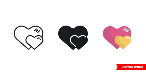 Two hearts icon of 3 types. Isolated vector sign symbol.