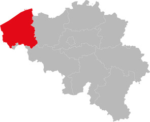 West Flanders province isolated on belgium map. Gray background. Backgrounds and wallpapers.