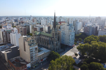 Obraz premium Aerial view by drone of Cathedral of Mar del Plata or The Cathedral Basilica of Saint Peter and Cecilia - Roman catholic church located near San Martin square in Mar del Plata, Argentina
