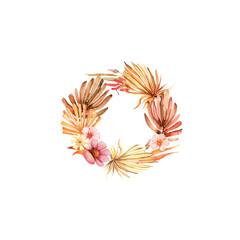 Watercolor floral wreath with dried palm leaves is hand paintad isolated illustration. Trendy boho  design is perfect for summer party decoration, wedding invitation, cards