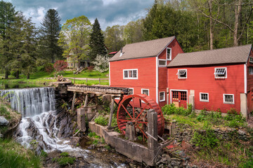 old mill on the river and a waterfall in Bridgewater Connecticut