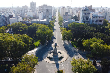 Aerial view from drone of Pedro Luro avenue road and San Martin monument in centre of Mar del...