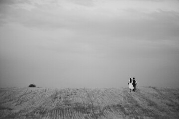 Bride and groom hold hands and meet the sunset. Wedding