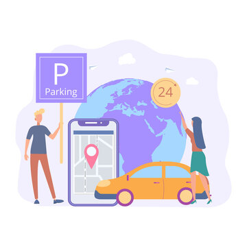 Online reservation of a parking space for a car. Reserve a parking space, car parking service. Colorful vector illustration.