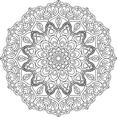 Circle mandala coloring page for adult. Black and white mandala poster. Relax and meditation. Beautiful nature ornament. 