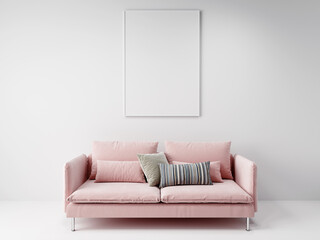 white vertical empty mock-up picture frame on white wall, above scandinavian pink sofa, 3D background concept illustration