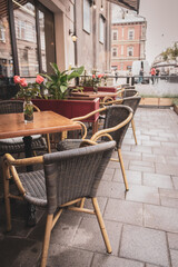 Fototapeta na wymiar Empty outdoor cafe during quarantine. Restaurant terrace with tables and chairs. Flower on table of street cafe. Elegant street cafe. Outdoor bistro furniture. Cozy patio background.