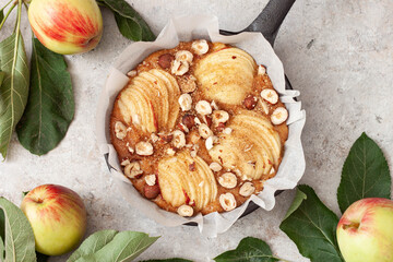 American style apple pie, top view on table