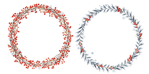 Winter wreath set. Branches with red holly berries. Round New year and Christmas frames with place for date, inscription, text. For your greeting cards, banners, invitation, announcements