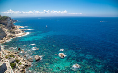 Beautiful white rock cliff with sea bay, Bonifacio town, Corsica, France, Europe.
