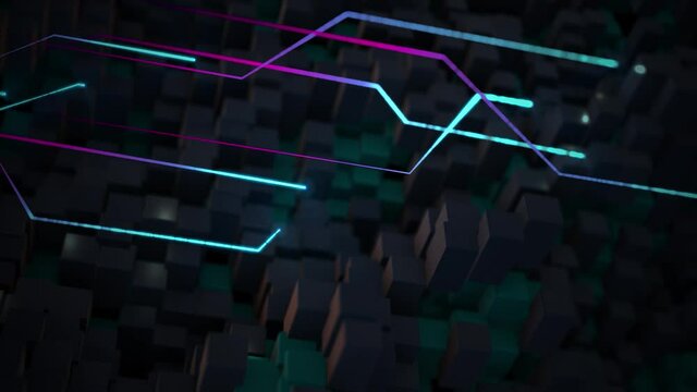 Many abstract isometric cubes, modern computer generated 3D rendering background. Simple geometric forms. Data transfer and future technology