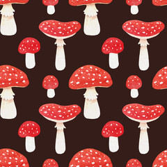 Watercolor seamless autumn pattern with amanita mushrooms, funghi. High quality illustration. Dark background