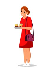 Woman coffee lover standing isolated on white