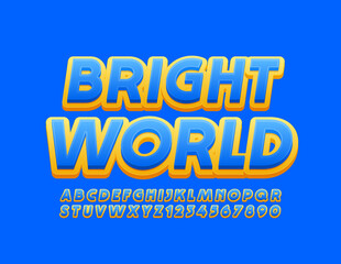 Vector stylish logo Bright World with Blue and Yellow Font. Trendy Alphabet Letters and Numbers