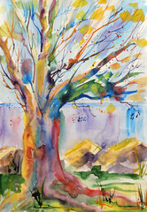 Spring abstract summer landscape with a big tree, a lake. Watercolor sketch.